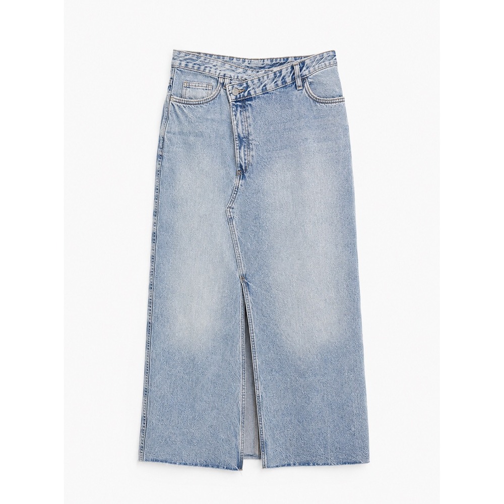 Zara Asymmetric Waist Denim Midi Skirt Light Blue Wash Large - Picture 7 of 7